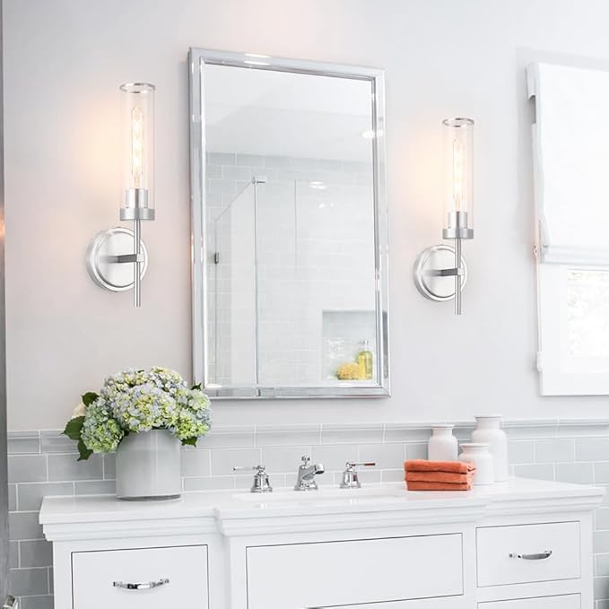 Wall Sconces Set of 2, Brushed Nickel Sconces Wall Lighting, Modern Bathroom Vanity Light Fixtures with Clear Glass, Bathroom Sconces Wall Mount Lights for Living Room Bedroom Hallway, Hardwired