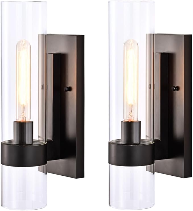 Indoor Wall Sconces Set of Two, Modern Black Bathroom Sconces Wall Decor with Cylinder Glass, Wall Lamps for Bedroom Hallway Vanity Kitchen Lighting Fixtures Set of 2