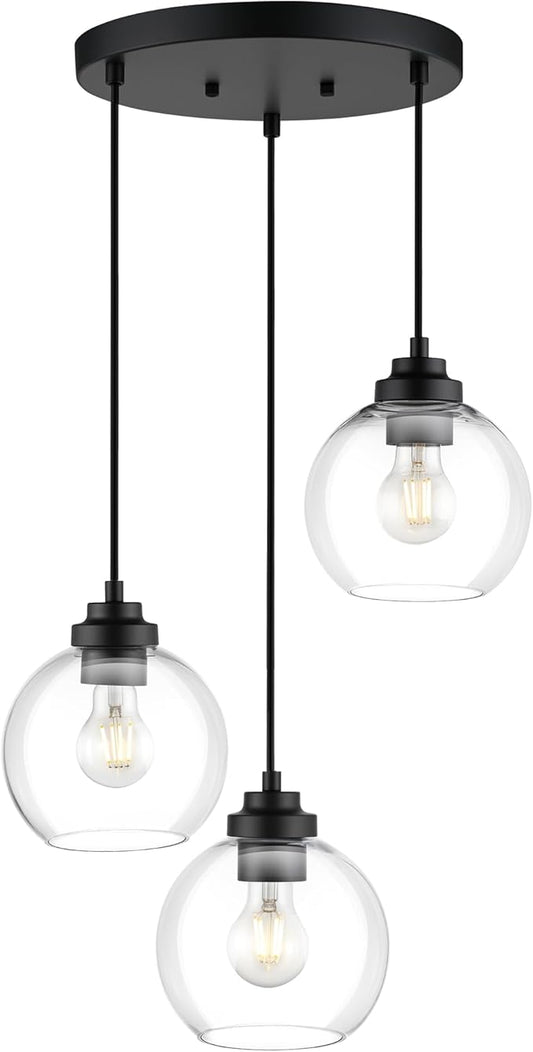 3-Light Black Pendant Light Fixture, Globe Cluster Hanging Light, Kitchen Island Lighting with Clear Glass for Dining Room Living Room Laundry Entrance Foyer, ZCPL101BK-3C