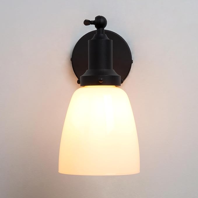 PERMO Industrial Vintage Slope Pole Single Sconce with 5.5" Oval Dome White Glass Shade Black Wall Sconce Wall Mount Light Lamp Fixture