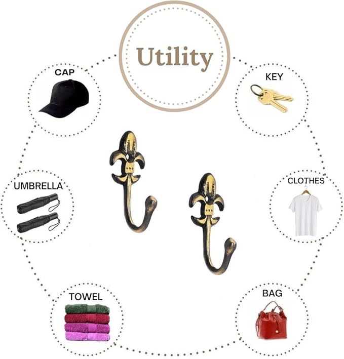 Multipurpose Hooks, Used to Hang Clothes, Bags, Coats, Curtain Hold Backs, Keys, Colour - Antique Gold, Material - Brass, Royal Design, Screws and Wallplugs Included, Pack of 10 Pieces