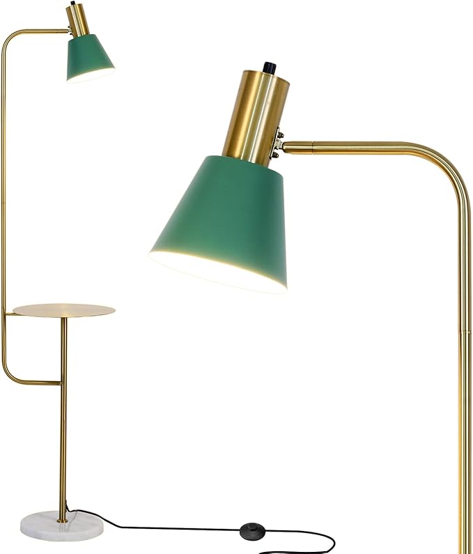 Hsyile Contemporary Modern Creative Floor Lamp with a Table,Suitable for Living Room,Den,Office,Bedroom - Standing Lamp Tall Floor Lamp - Brushed Brass Finish and Green Lampshade