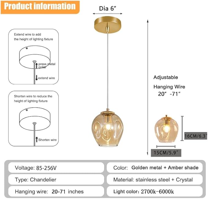 1-Light Hanging Light Fixtures Pendant Lights Kitchen Island Hand Blown Modern Glass Chandelier for Living Room Coffee Bar (Gold+Amber)
