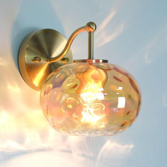 Gold Wall Sconce Light Amber Hammered Glass Vanity Lighting Brushed Brass Champagne Wall Lamp for Bathroom Over Mirror
