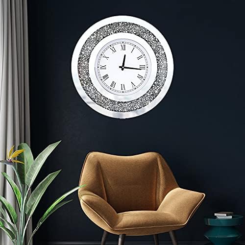 DMDFIRST Silver Round Mirror Clock 20x20inches Crystal Sparkle Twinkle Bling Crush Diamond Mirrored Large Wall Clock for Wall Decoration Silver Glass Mirror Home Décor. AA Battery is not Included.