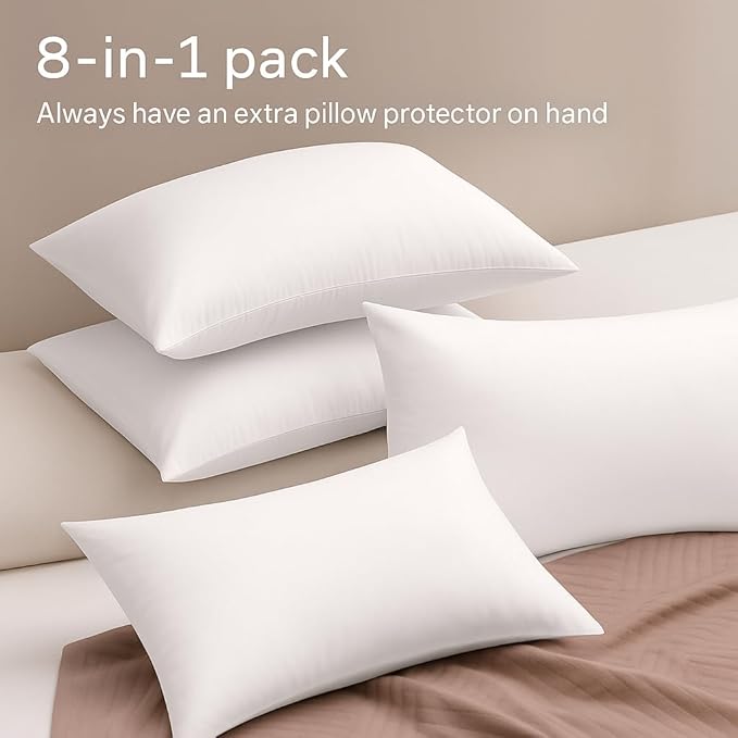 Ultra Soft Pillow Protectors with Zipper Queen Size - Set of 8 Breathable Pillow Covers - 100% Protection Against Stains, Dust & Dirt - Machine Washable (White)
