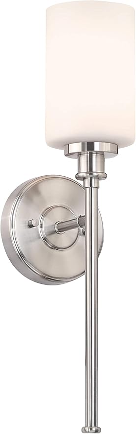 XiNBEi Lighting Brushed Nickel Sconce, 1 Light Single Wall Sconce Light Modern Wall Light Fixture with White Glass for Bathroom Vanity Hallway Corridor & Living Room