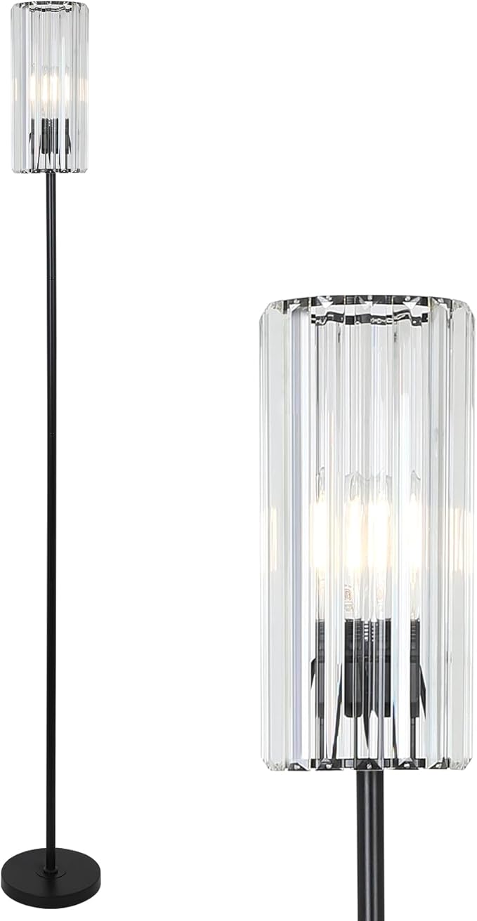 HMVPL Black Floor Lamp for Living Room, Elegant Floor Lamp for Bedroom with K9 Crystal Shade, Modern Standing Lamp for Corner with On/Off Switch, Pole Tall Lamp for Nursery Office Home Decor