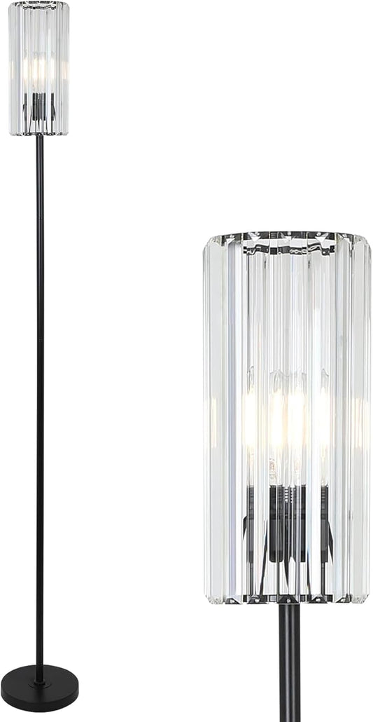 HMVPL Black Floor Lamp for Living Room, Elegant Floor Lamp for Bedroom with K9 Crystal Shade, Modern Standing Lamp for Corner with On/Off Switch, Pole Tall Lamp for Nursery Office Home Decor
