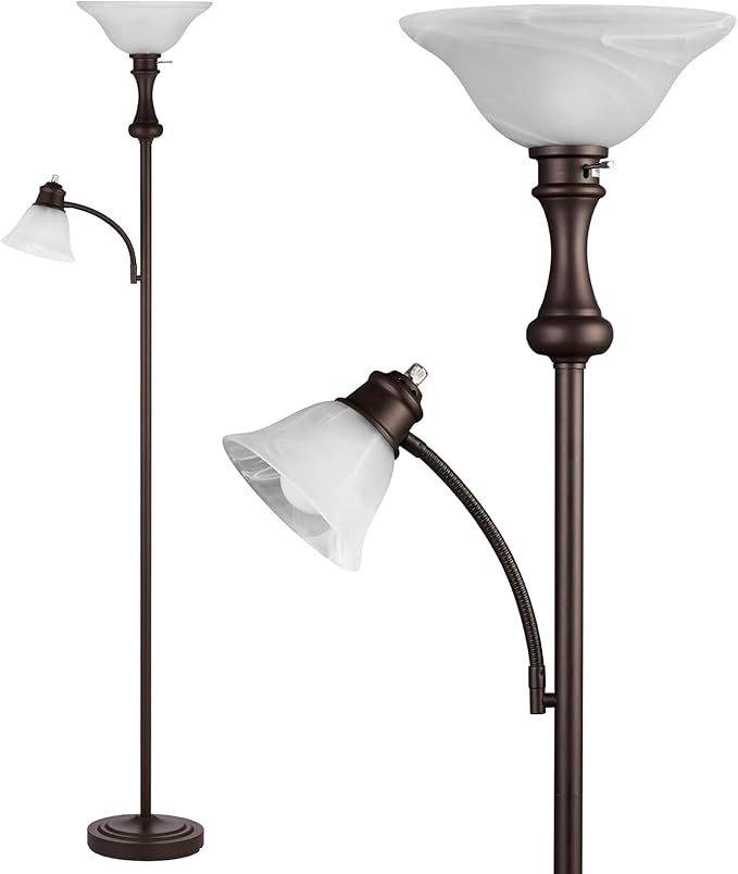 71'' Torchiere Floor Lamp for Bedroom with Glass Shade, Tall Floor Lamps for Living Room with Adjustable Angle Arc Reading Light, Modern Standing Light, Knob Switch, Bulb Included, Red Brown