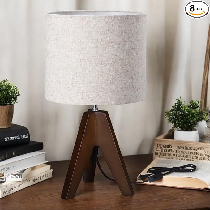 Tripod Table Lamp, Wooden Desk Lamp with Linen Beige Lampshade, 14.37 in Small Bedside Lamps, Brown Wooden E26 Base Lamps for Night Stands, Home, Office, Living Room, Dorm(Bohemian)