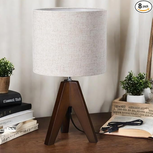 Tripod Table Lamp, Wooden Desk Lamp with Linen Beige Lampshade, 14.37 in Small Bedside Lamps, Brown Wooden E26 Base Lamps for Night Stands, Home, Office, Living Room, Dorm(Bohemian)