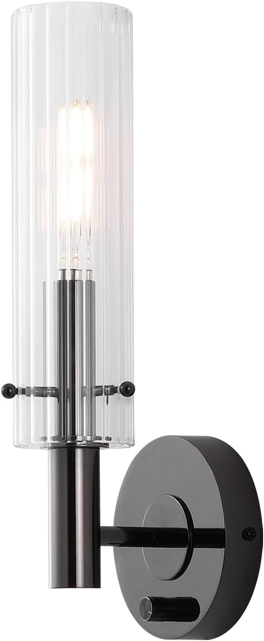 Black Bathroom Vanity Light Fixtures with Striped Clear Glass Shades Modern Wall Sconces Dimmer ON/Off Switch Indoor Wall Light for Mirror Living Room Bedroom Hallway Staircase