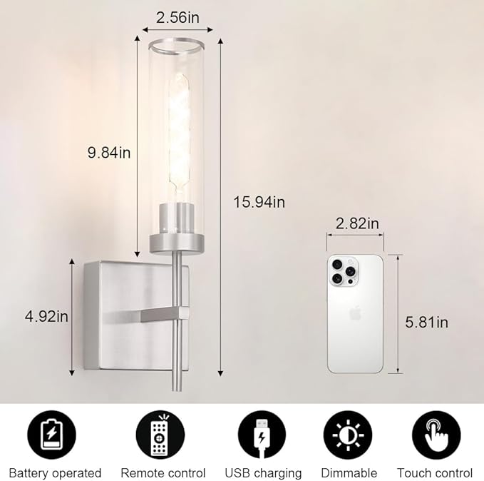 Modern Brushed Nickel Battery Operated Wall Sconce Set of 2, USB Rechargeable Bathroom Lights over Mirror, Wireless Vanity Light Fixture with Remote Control, Wall Light for Living Room Bedroom Beside