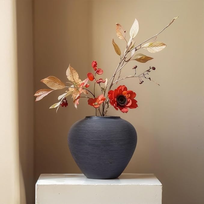 Rustic Black Ceramic Vase with Textured Finish, Large Round Terracotta Vases for Farmhouse Home Decoration, Wide Mouth Vintage Pottery Vases for Living Room, Kitchen, Table Centerpieces