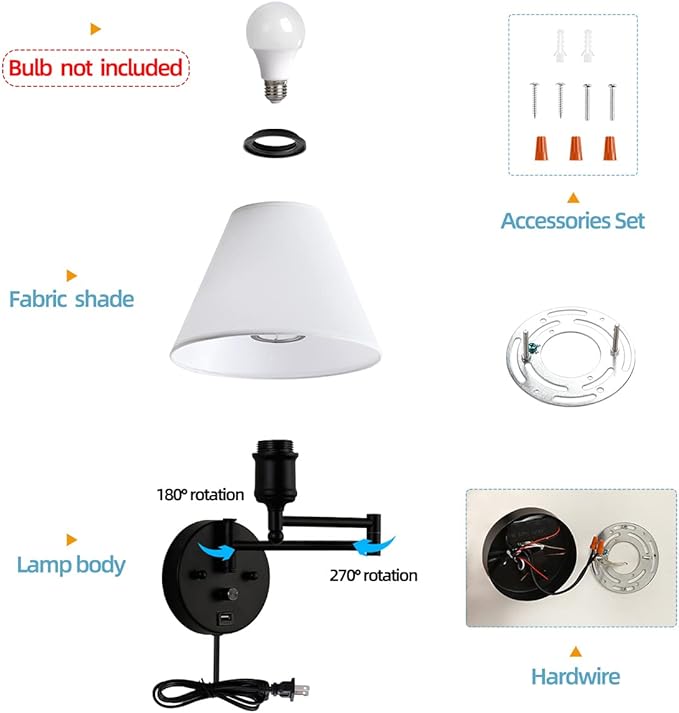 Swing Arm Wall Sconces, Plug-in Wall lamp,Bedroom Wall lamp ， White Fabric Shade，，with dimmable Switch and USB Charging Port, Suitable for Bedside, Living Room, Reading (Black)
