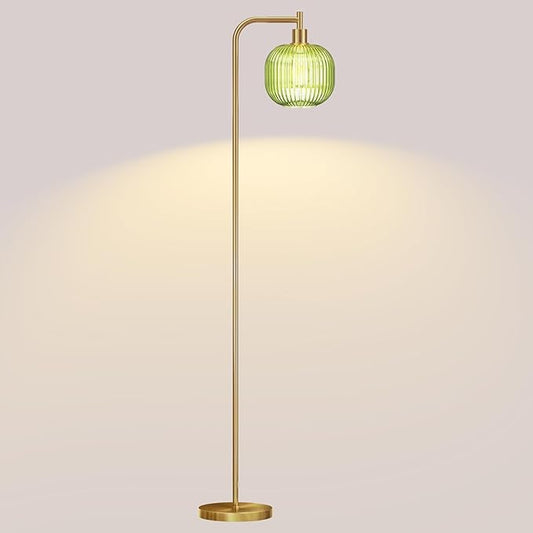 Glass Floor Lamp,67" Modern Standing Lamp with Green Ribbed Glass Lampshade Metal Pole for Living Room, Bedroom, Office - Heavy Base,Pedal Switch(Include E26 Bulb)