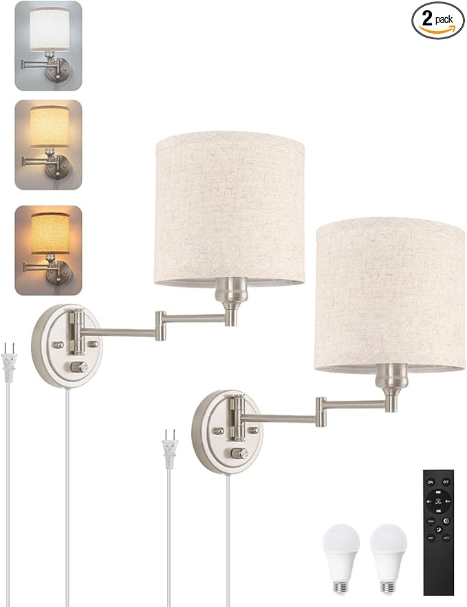 Plug in Wall Sconces with Remote Control, Dimming & Adjustable Colors 2700K-6500K, Hardwire or Plug-in, Swing Arm Wall Lamp with Linen Fabric Shade, Wall Sconces Set of Two, Brushed Nickel Finish