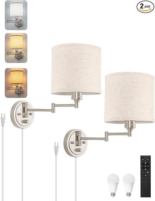 Plug in Wall Sconces with Remote Control, Dimming & Adjustable Colors 2700K-6500K, Hardwire or Plug-in, Swing Arm Wall Lamp with Linen Fabric Shade, Wall Sconces Set of Two, Brushed Nickel Finish