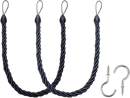 BEL AVENIR Curtain Ropes Tiebacks Tie-Backs Curtain Handmade Holdbacks with 2 Metal Screw Hooks (Navy, 2pack)