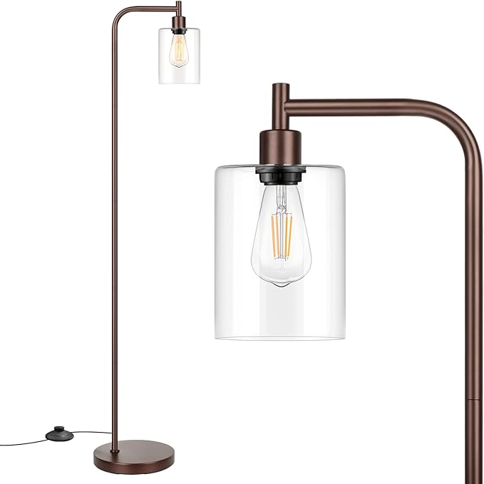Industrial Floor Lamp with Hanging Glass Shade Oil Rubbed Brown Farmhouse Indoor Pole Light with Edison E26 Base Vintage Rustic Standing Tall Lamp for Living Room Bedroom Office(ST64 Bulb Included)