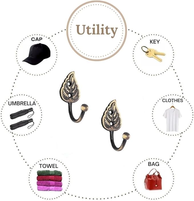 Multipurpose Hooks, Used to Hang Clothes, Bags, Coats, Curtain Hold Backs, Keys, Colour - Antique Gold, Material - Brass, Leaf Design, Screws and Wallplugs Included, Pack of 10 Pieces