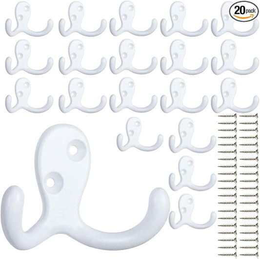 IBosins 20 Pack Heavy Duty Coat Hooks Wall Mounted with 40 Screws Wall Hooks Retro Double Prong Hooks Utility Hooks for Coat, Scarf, Bag, Towel, Key, Cap, Cup, Hat