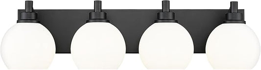 Bathroom Light Fixtures, 4 Light Matte Black Vanity Light, 26 Inch Modern Wall Sconces with Globe Milk White Glass Shade, Vanity Lighting Fixtures Over Mirror, VL195-MB-ML-4