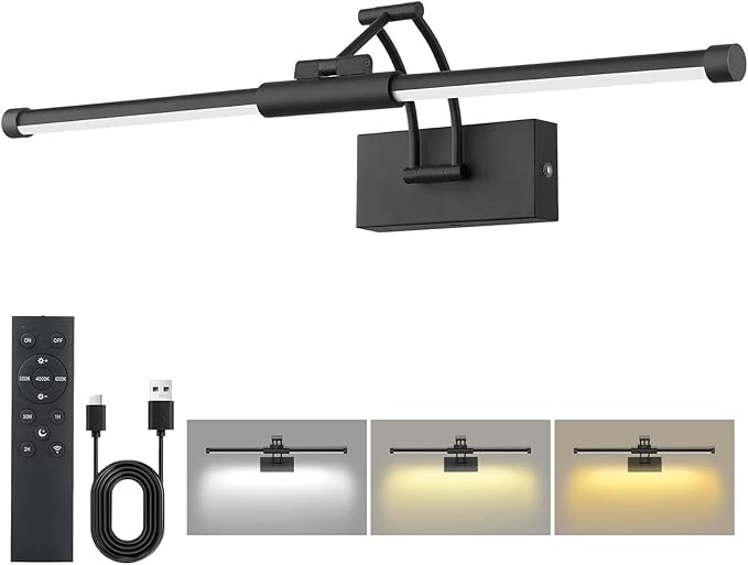 24“ Picture Lights for Wall Battery Operated, Wireless Picture Lights with Remote, Rechargeable Wall Light 3000K/4000K/6000K Dimmable, Art Lighting for Paintings Frame Gallery Dartboard Light, Black