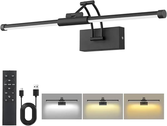 24“ Picture Lights for Wall Battery Operated, Wireless Picture Lights with Remote, Rechargeable Wall Light 3000K/4000K/6000K Dimmable, Art Lighting for Paintings Frame Gallery Dartboard Light, Black