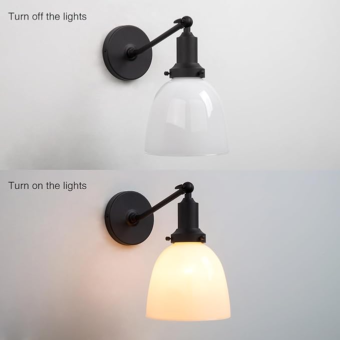 PERMO Industrial Sconces Vintage Slope Pole Wall Mount Single Sconce with 6.7" Oval Dome Milk White Glass Shade Wall Light Fixture for Livingroom Bedroom