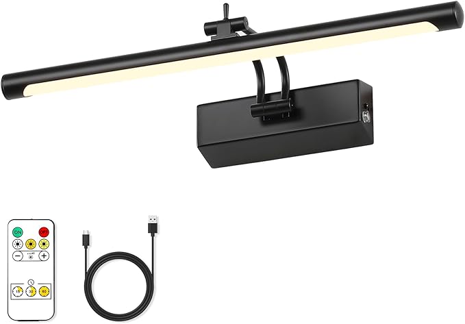 Joosenhouse Battery Operated Picture Light 5000mAh Rechargeable Black Art Light 15.7" Wireless Picture Lights for Wall with Remote Control for Paintings Photo Spot Lights Indoor