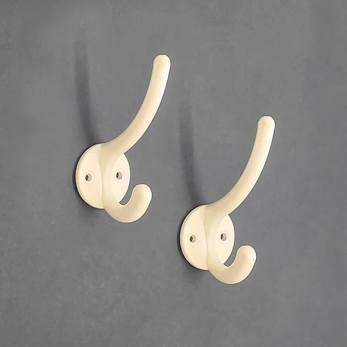 Multipurpose Hooks, Used to Hang Clothes, Bags, Coats, Curtain Hold Backs, Keys, Ivory Colour, Material - Aluminium, Screws and Wallplugs Included, Pack of 4 Pieces