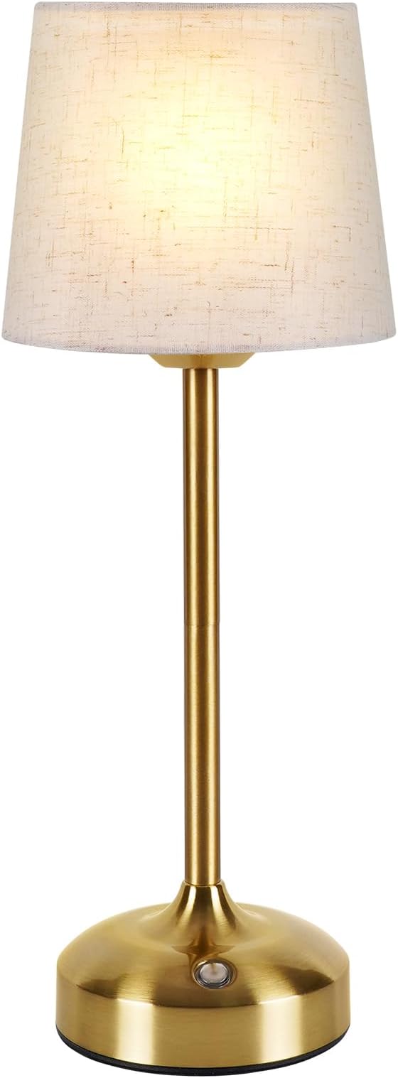 YAYZA! Cordless Table Lamp Adjustable Height Desk lamp, Fabric Shade 7500mAh Rechargeable LED Wireless Touch Night Light Stepless Dimming, 3 Color Temperatures with Edison Bulb (Short Gold - 1 Pack)