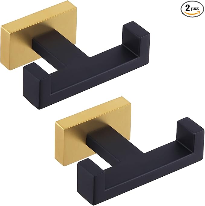 Angle Simple Towel Hook Black & Gold 2 PCS, Stainless Steel Double Hook for Bathroom, Square Robe Hook, Hand Towel Holder for Wall
