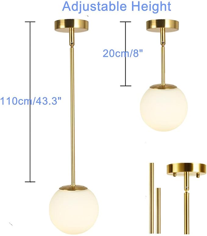 Globe Pendant, Matte White Glass with Brass Finish, One Light Pendant Hanging Modern Light Fixture (25cm/ 10inch Lampshade)