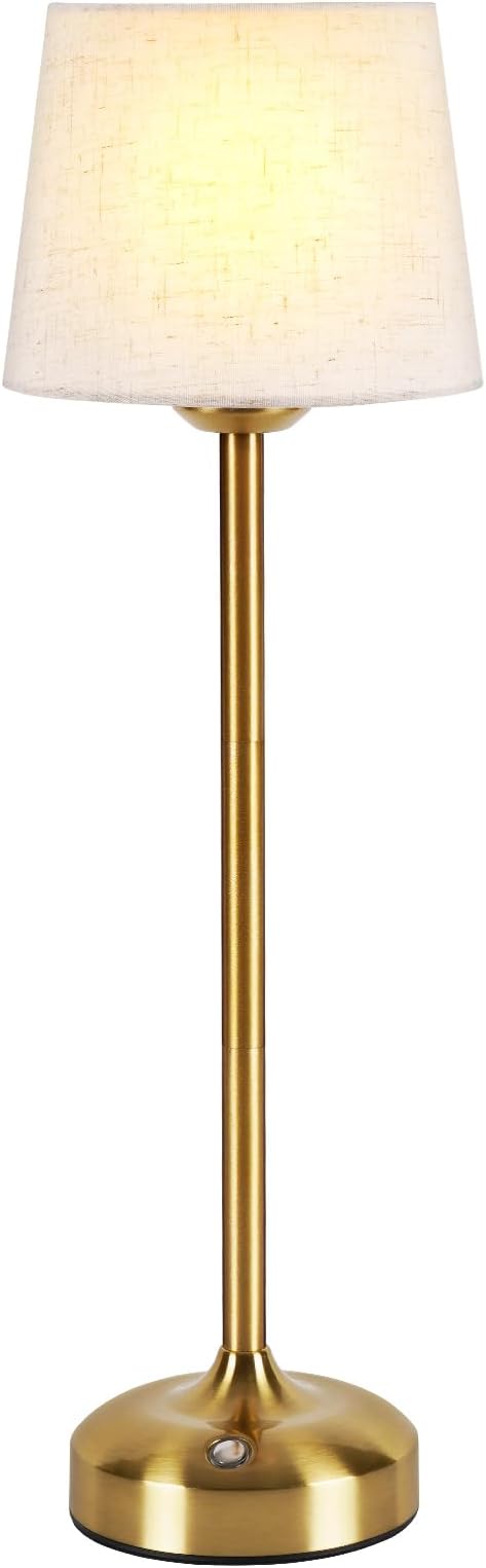 YAYZA! Cordless Table Lamp Adjustable Height Desk lamp, Fabric Shade 7500mAh Rechargeable LED Wireless Touch Night Light Stepless Dimming, 3 Color Temperatures with Edison Bulb (High Gold - 1 Pack)