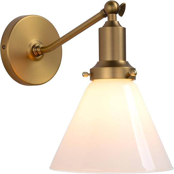 PERMO Industrial Vintage Slope Pole Wall Mount Single Sconce with Funnel Flared Milk White Glass Shade Wall Sconce Light Lamp Fixture