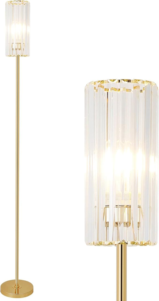 HMVPL Gold Floor Lamp for Living Room, Brass Pole Standing Lamp with K9 Crystal Shade, Modern Corner Standing Lamp for Bedroom with On/Off Switch, Elegant Crystal Tall Lamp for Office Kids Girls Room