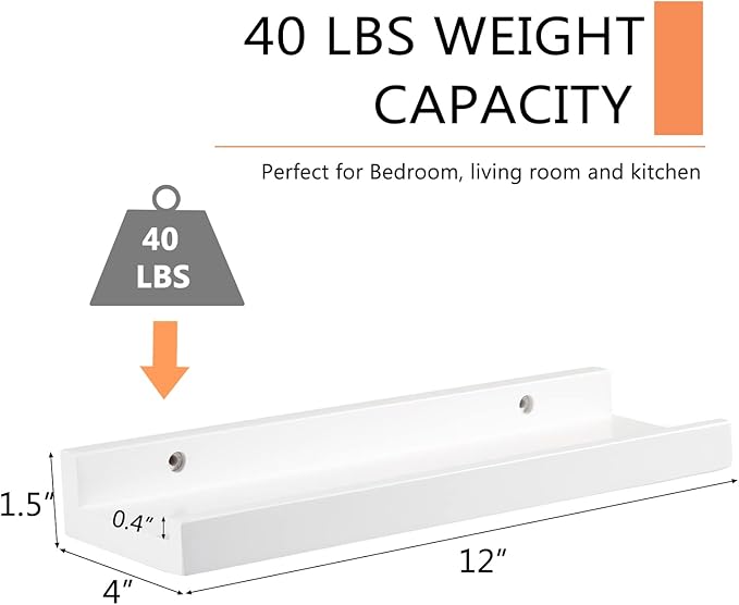 12 Inch Floating Shelves Wall Mounted, Solid Wood Wall Shelves for Decor and Storage, Picture Ledge Shelf for Bedroom/Bathroom/Living Room/Kitchen/Laundry Room, White Color, 12*4*1.5, 1 Pack