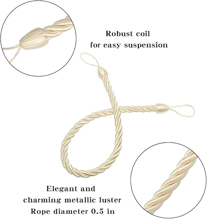 BEL AVENIR Curtain Rope Tiebacks, Drapery Rope Holdbacks with 4 Metal Screw Hooks (Beige, 4pack)