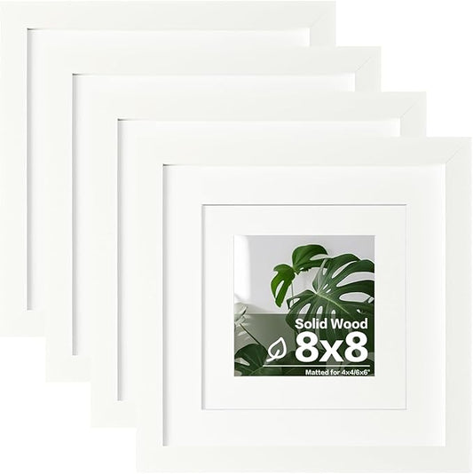Egofine 8x8 Picture Frame 4PCS, Made of Solid Wood Covered by Plexiglass Display 4x4/6x6 with Mat or 8x8 without Mat, for Table Top Display and Wall Mounting Photo Frame, White with Texture