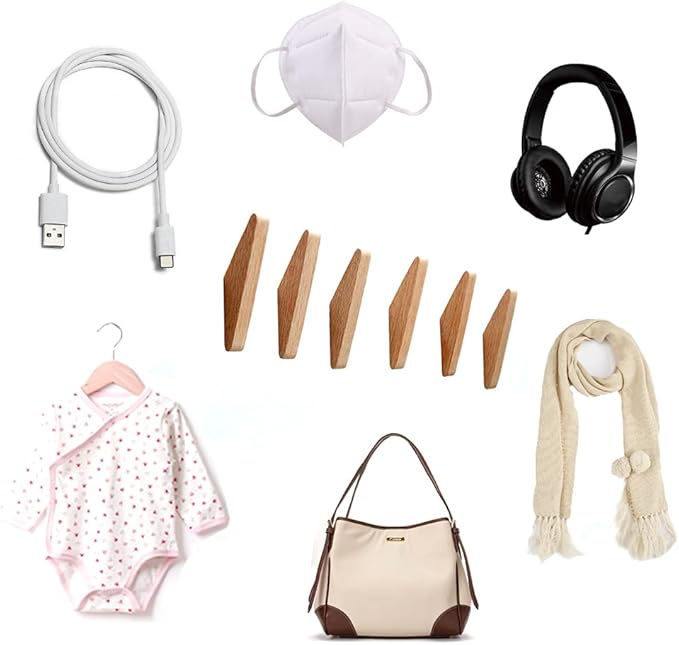 Pack 6 Wood Wall Hooks, Oak Coat Hooks Minimalist Design Heavy Duty Robe Hook Wall Mounted Rustic Wooden Clothes Hanger Hat Rack Hooks for Hanging Bathroom Towels.