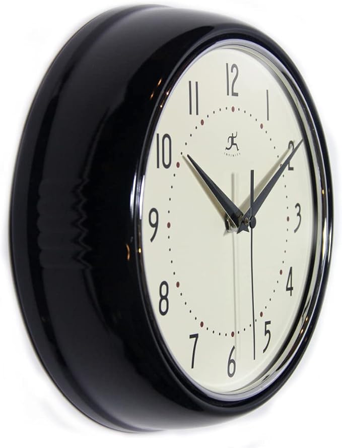 Infinity Instruments LTD. Retro 9 inch Silent Sweep Non-Ticking Mid Century Modern Kitchen Diner Wall Clock Quartz Movement Retro Wall Clock Decorative (Black)