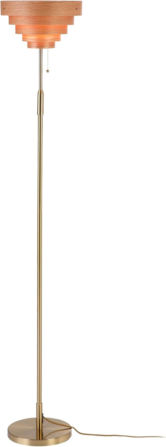 O'Bright Cascade Floor Lamp – Modern Wooden Layered Lampshade, E26 Socket, Pull Chain Switch, Metal Base, Standing Lamp for Living Room, Bedroom, Office, Antique Brass