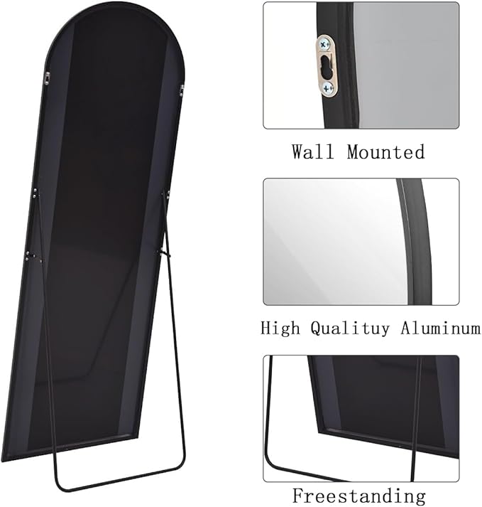 Arched Floor Mirror, 56"x20" Full Length Mirror, Standing Mirror Hanging or Leaning, Body Mirrors with Stand, Wall Mounted Arched-Top Mirrors with Aluminum Frame for Bedroom (Black)
