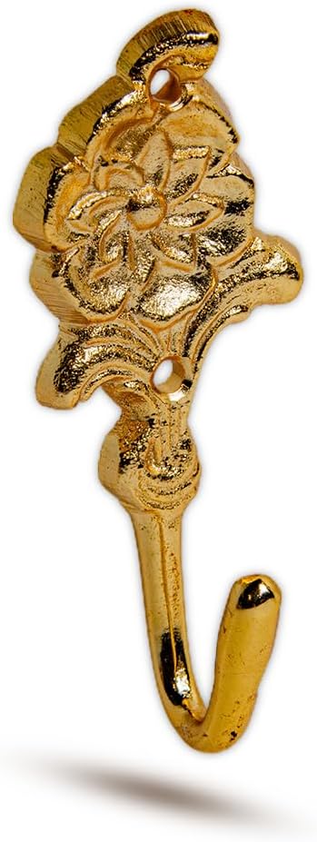 Multipurpose Hooks, Used to Hang Clothes, Bags, Coats, Curtain Hold Backs, Keys, Colour - Full Gold, Material - Brass, Flower Design, Screws and Wallplugs Included, Pack of 4 Pieces