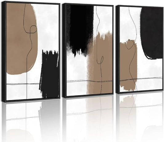 KUVIOKE Neutral Abstract Framed Wall Art Beige Mid Century Textured Wall Decor Minimalist Line Modern Illustrations Art Print Home Decor 11x14in (Black Framed)
