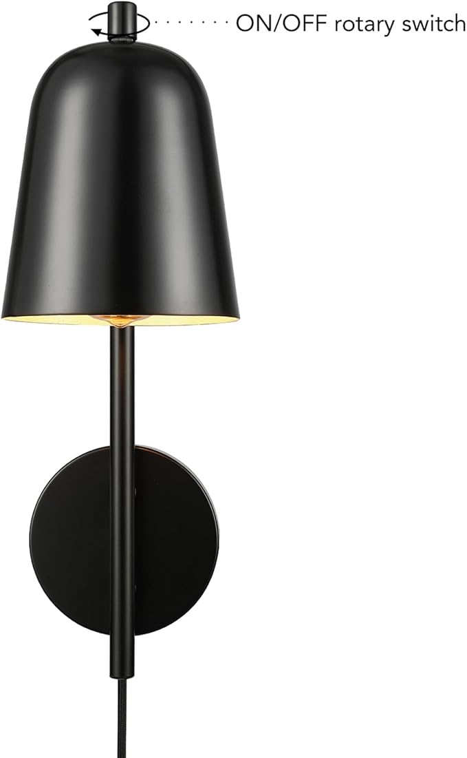 GLOBE Electric 65000049 1-Light Plug-in or Hardwire Wall Sconce, Matte Black, Pivoting Shade, Black Braided Fabric Designer Cord, Hanging Lamp, Wall Lights for Living Room, Bedroom, Den