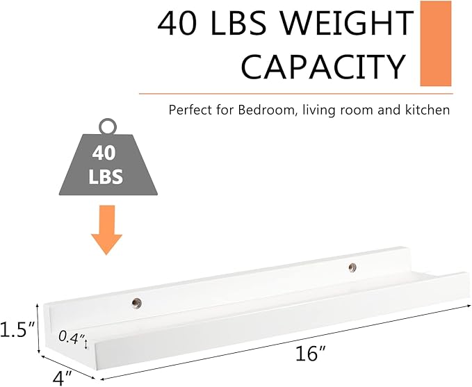 16 Inch Floating Shelves Wall Mounted, Solid Wood Wall Shelves for Decor and Storage, Picture Ledge Shelf for Bedroom/Bathroom/Living Room/Kitchen/Laundry Room, White Color,16*4*1.5, 1 Pack